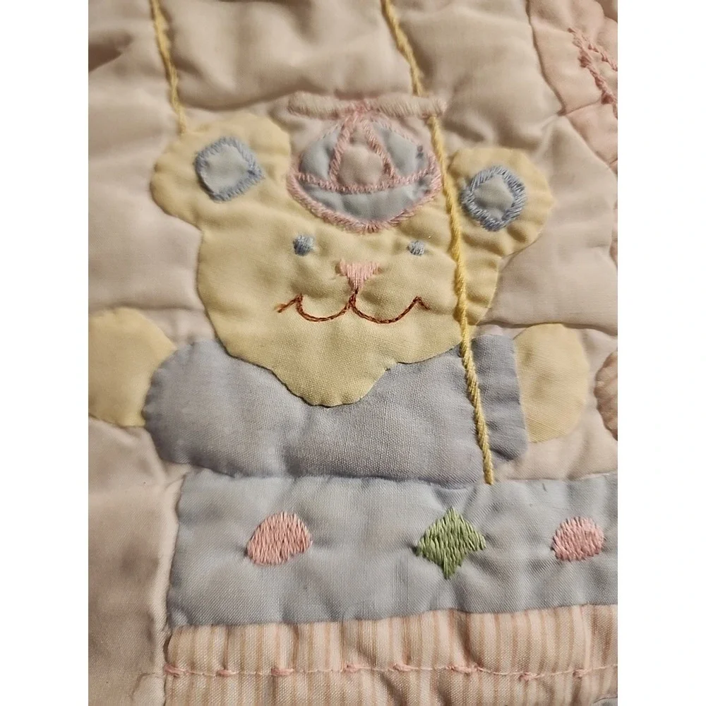 Vintage Quilted Bunny Bear Baby Blanket Pillow Hot Air Balloon Pastels Carousel